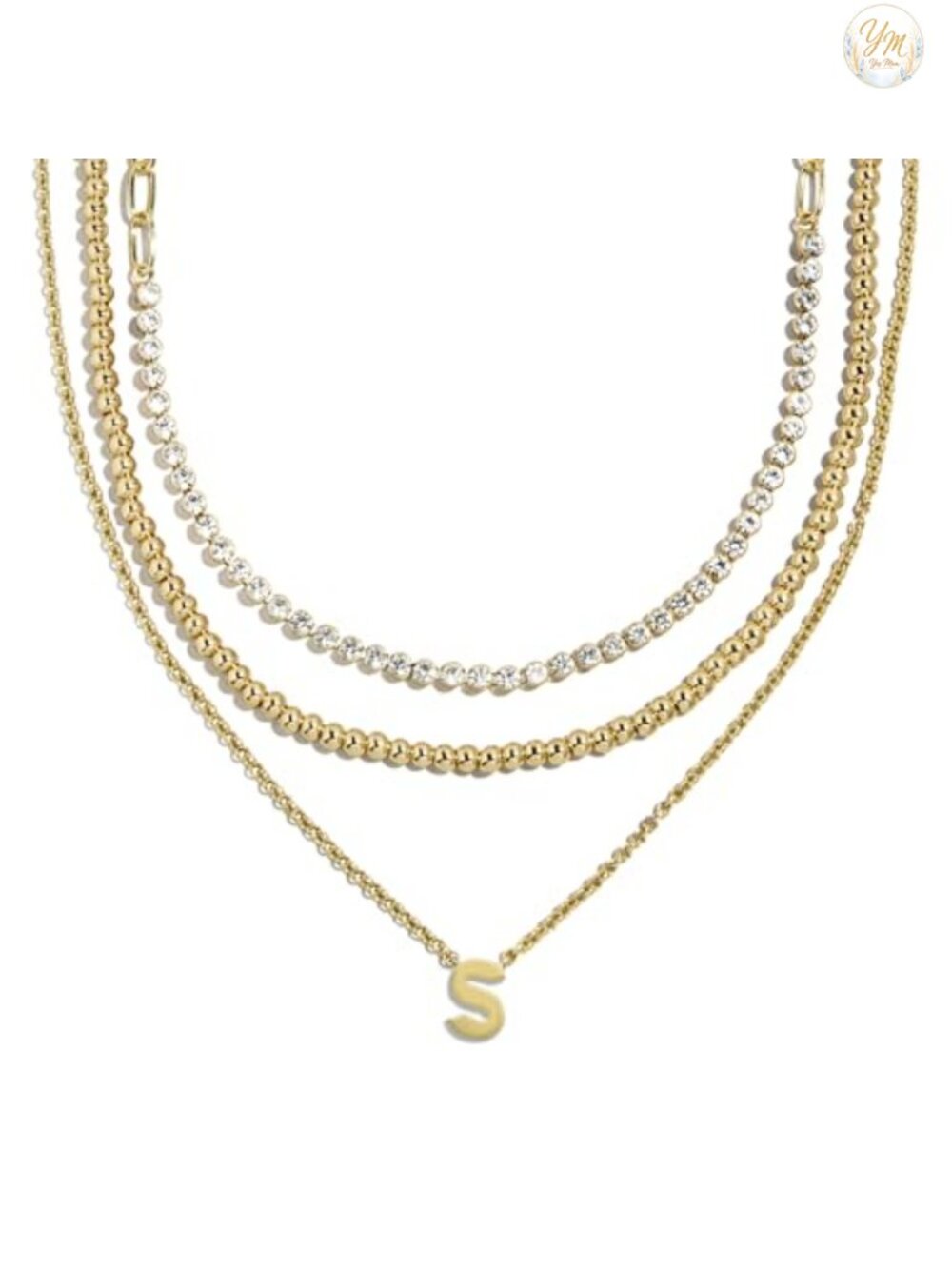 Layered Initial Letter Pendant Necklace Gold Plated with Cubic Zirconia